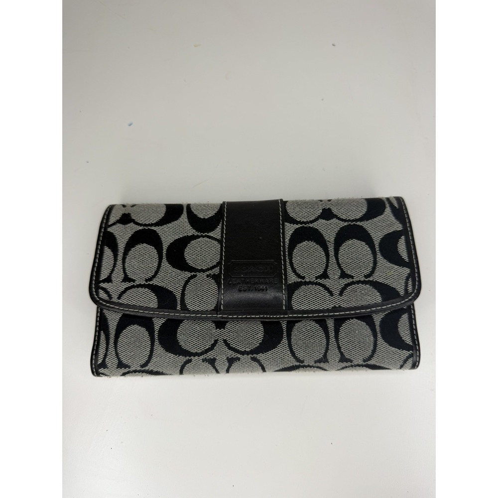 Coach Black Grey Signature C Canvas Leather Trifold Wallet
